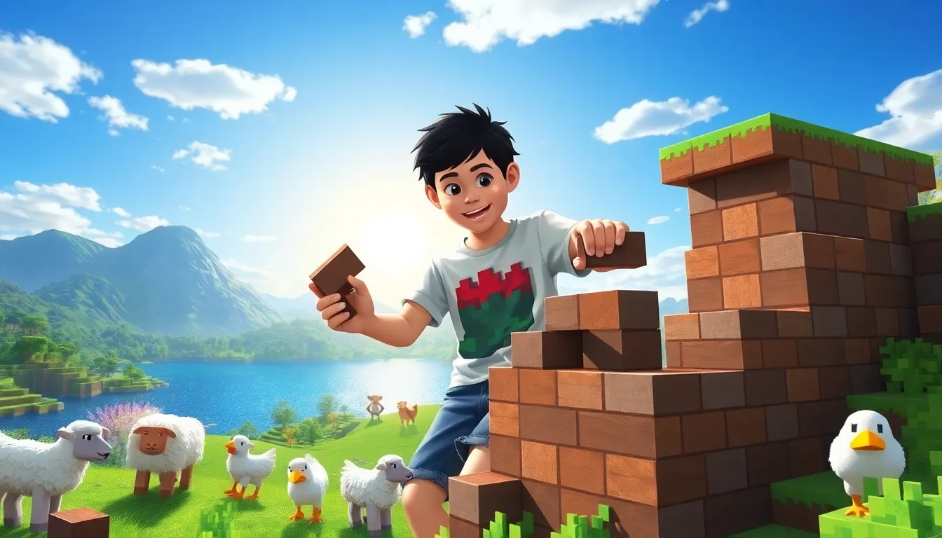 a teenager building in a vibrant Minecraft landscape with animals.
