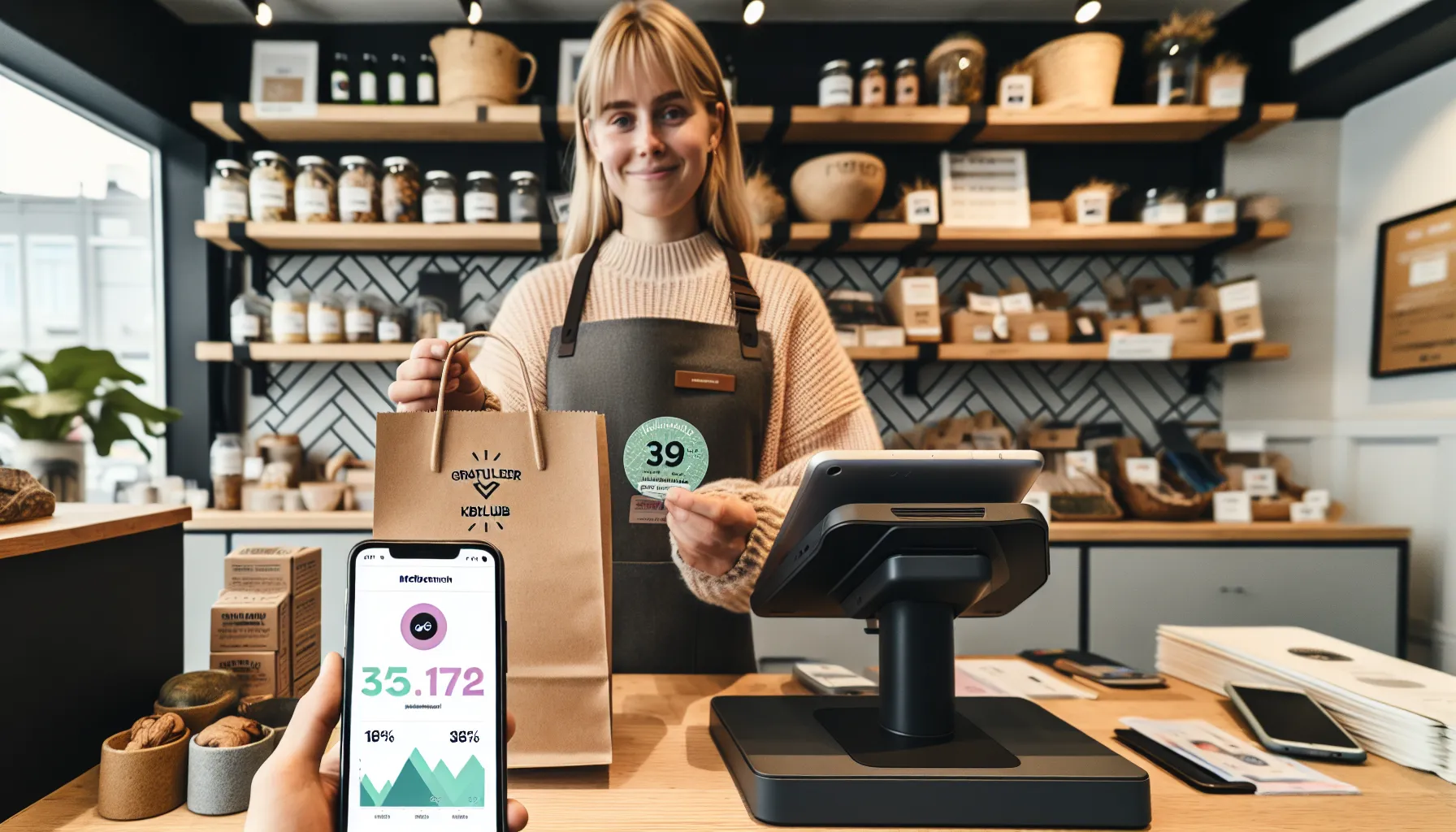 Slik kan små bedrifter dra nytte av medlemsklubber 3 Norwegian shop owner checks loyalty dashboard while handing birthday gift to customer.