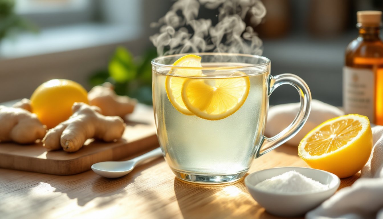 A steaming mug of hot water with ginger slices and lemon on a kitchen counter.