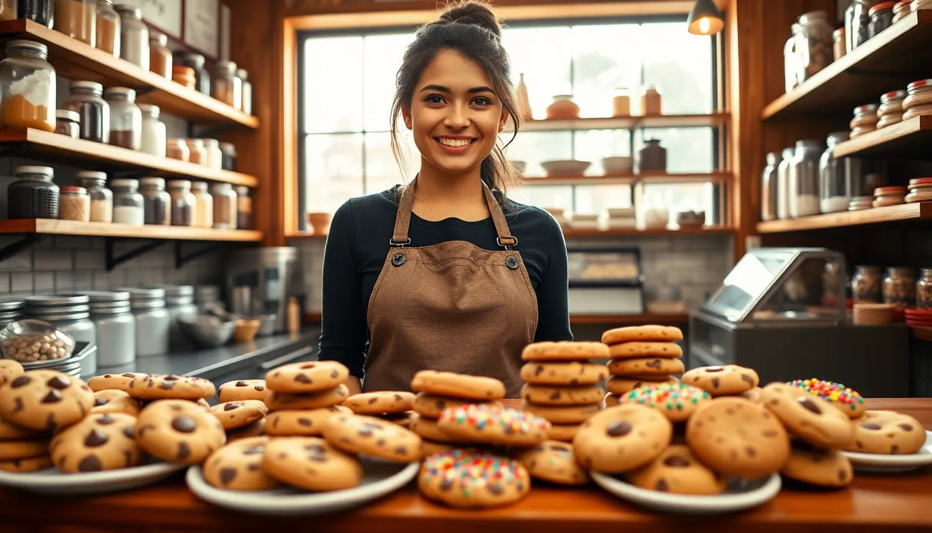 a smiling woman in an apron showcasing a variety of freshly baked cookies.