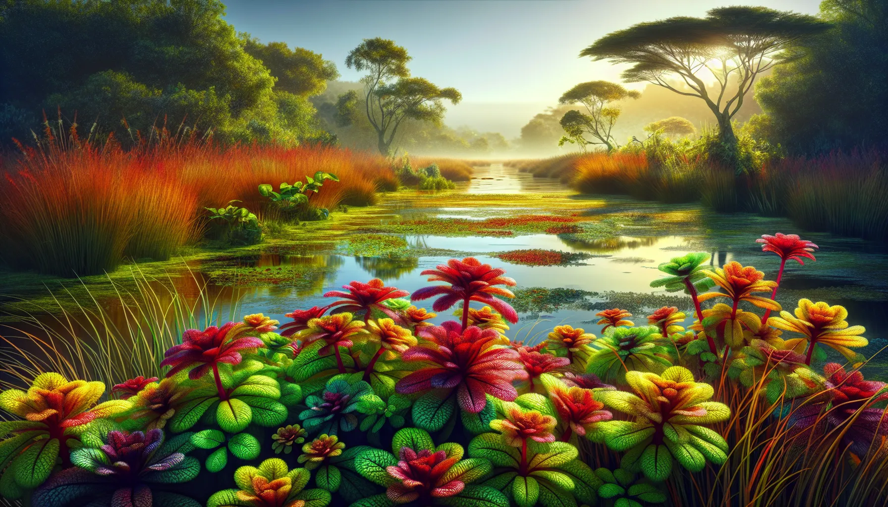 Vibrant Bogendelia plants in a serene wetland environment.
