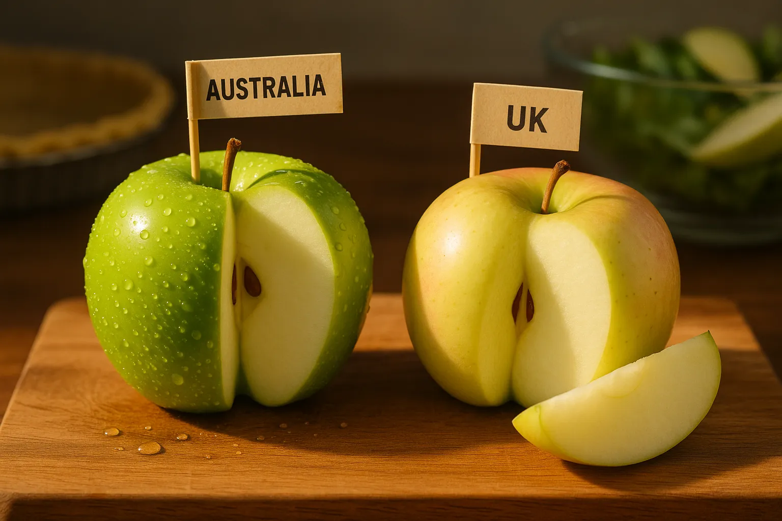 Two apples—Granny Smith and Greensleeves—sliced on a wooden board.