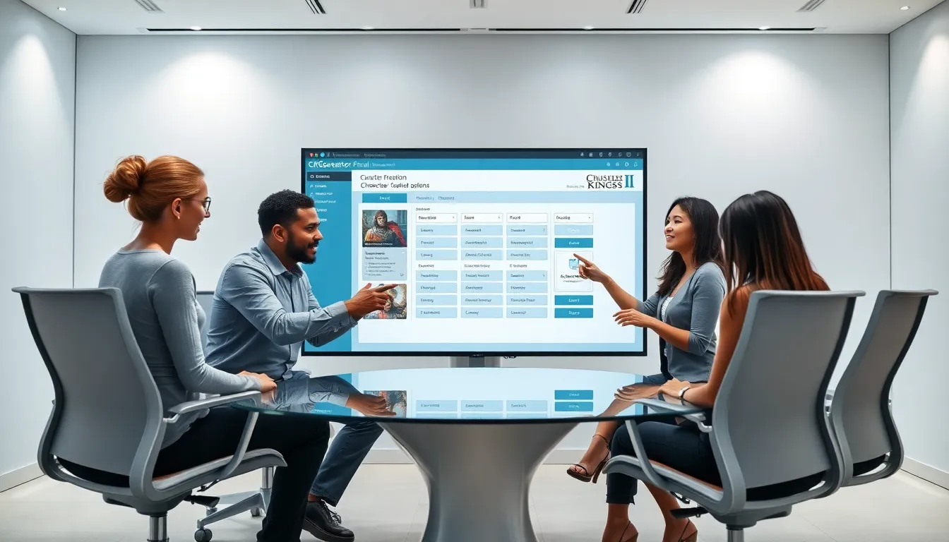 professionals collaborating over a digital gaming character creation tool.