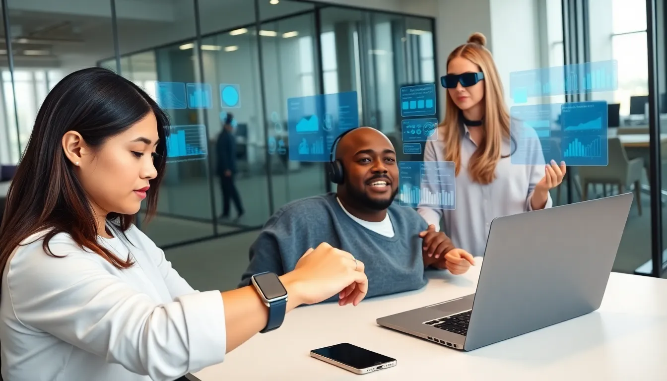 diverse professionals using IoT wearables in a modern office.