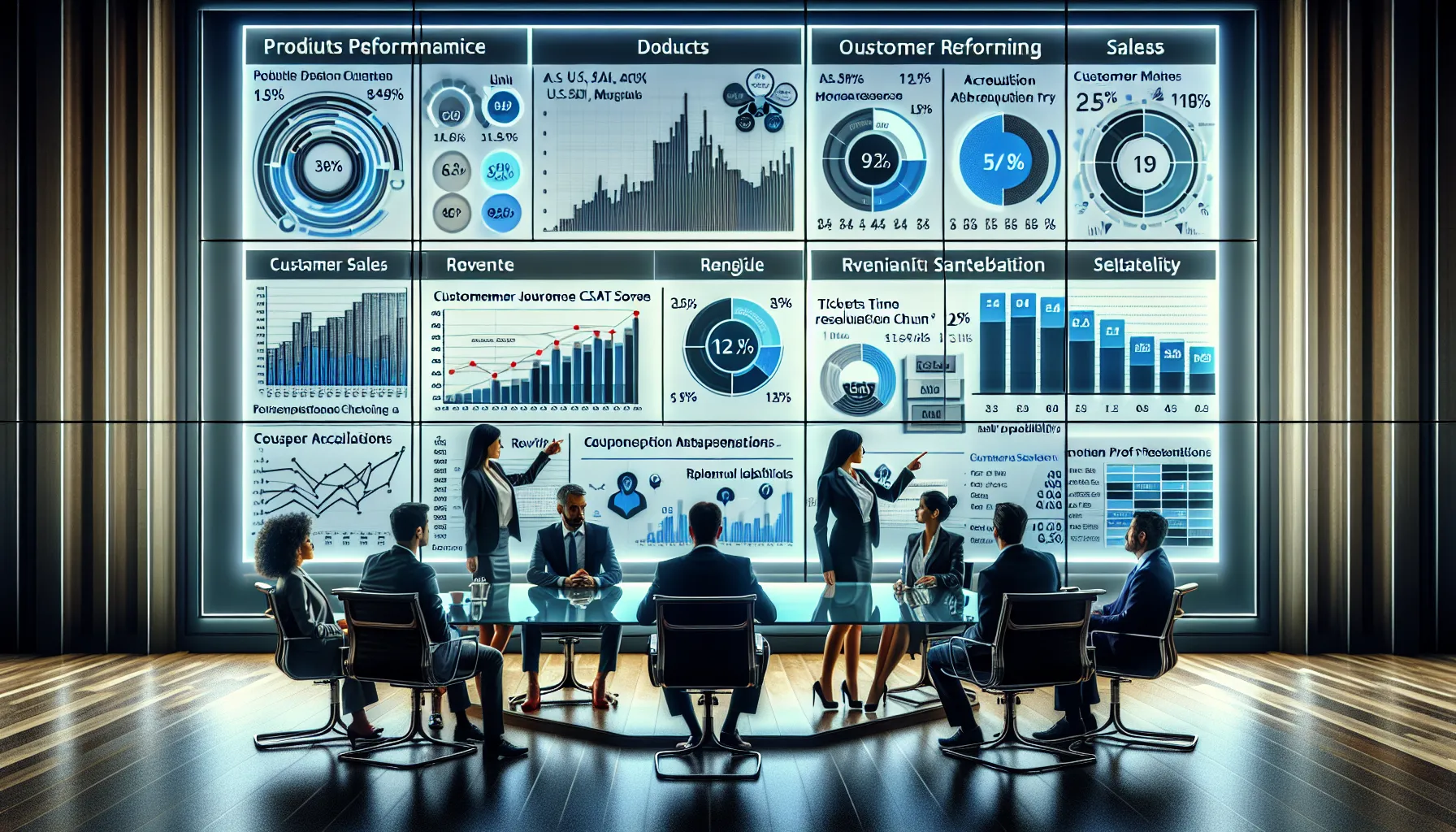 Business team reviewing Tableau customer and revenue analytics dashboards in a modern office.