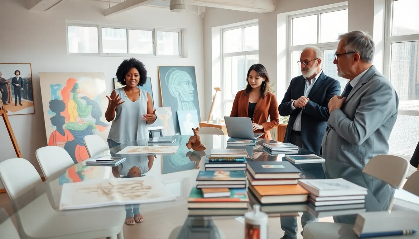 diverse group discussing art and philosophy in a modern studio.