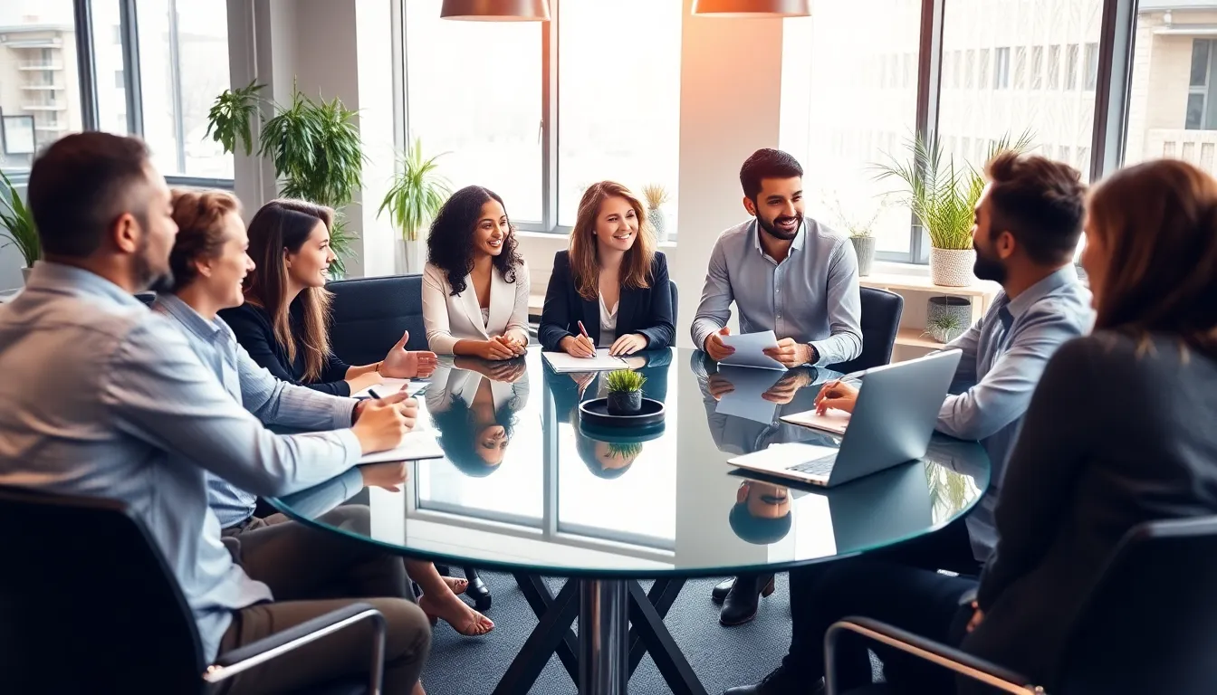 diverse team discussing work-life balance in a modern office.
