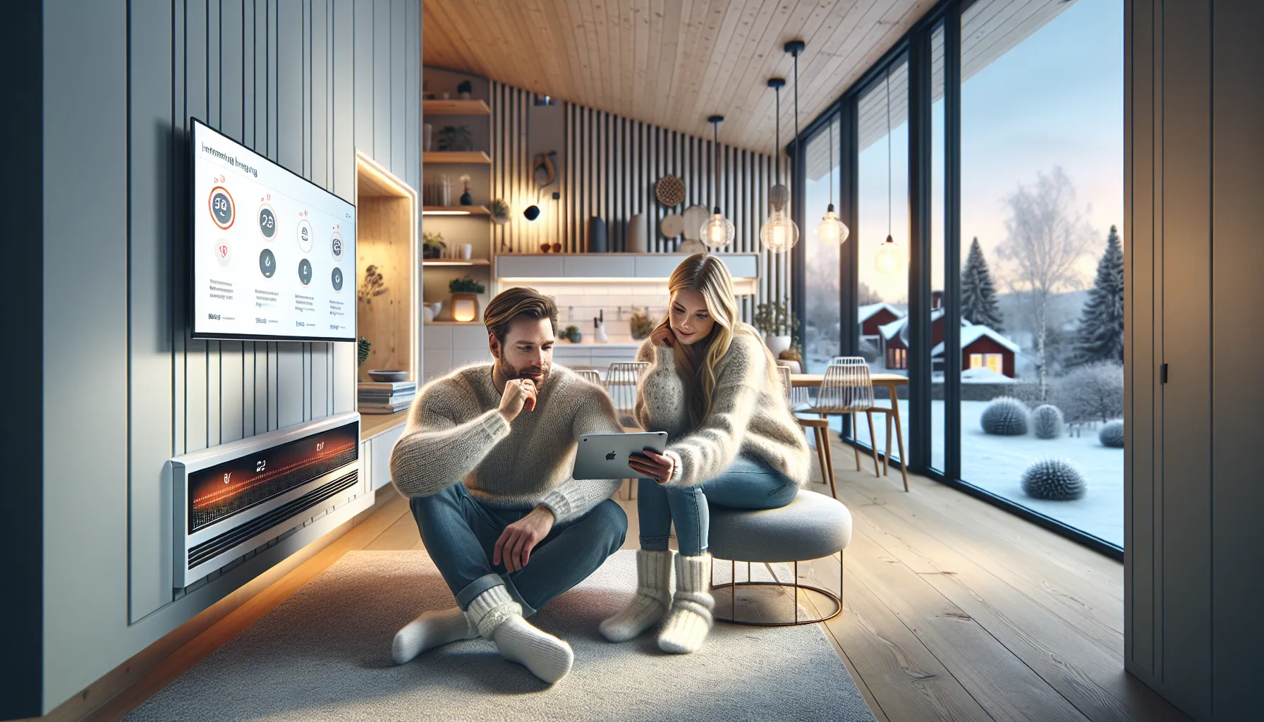 Norwegian couple using a tablet to compare smart electric heating options at home.