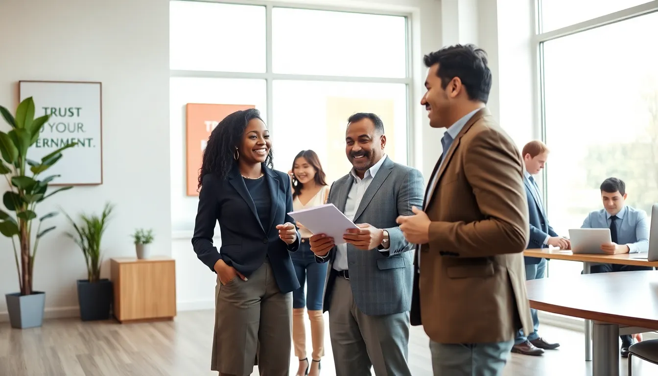 A diverse real estate team collaborating in a bright office space.