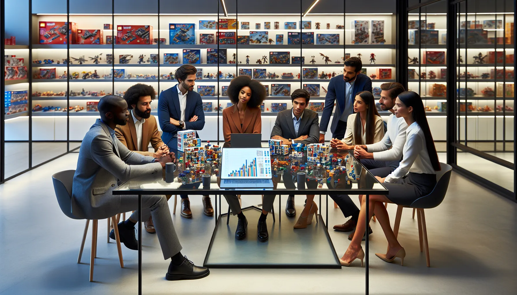 diverse team analyzing Lego pricing strategies in a modern setting.