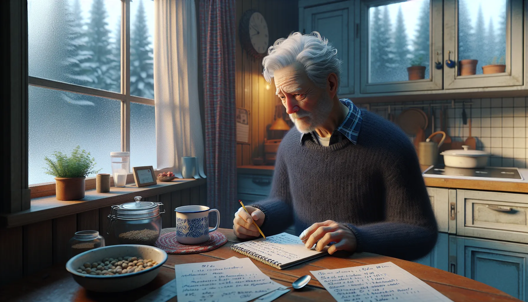 Elderly norwegian man confused by notes and reminders in a bright kitchen.