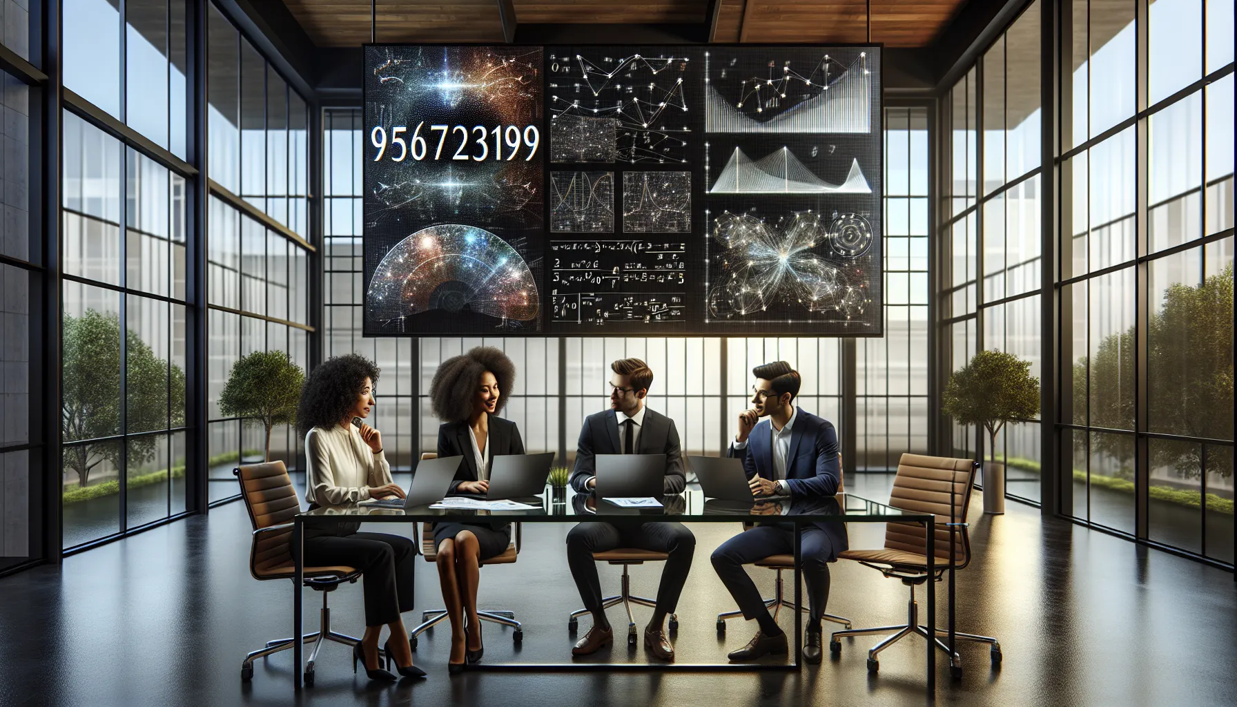 team discussing mathematical significance in a modern office.