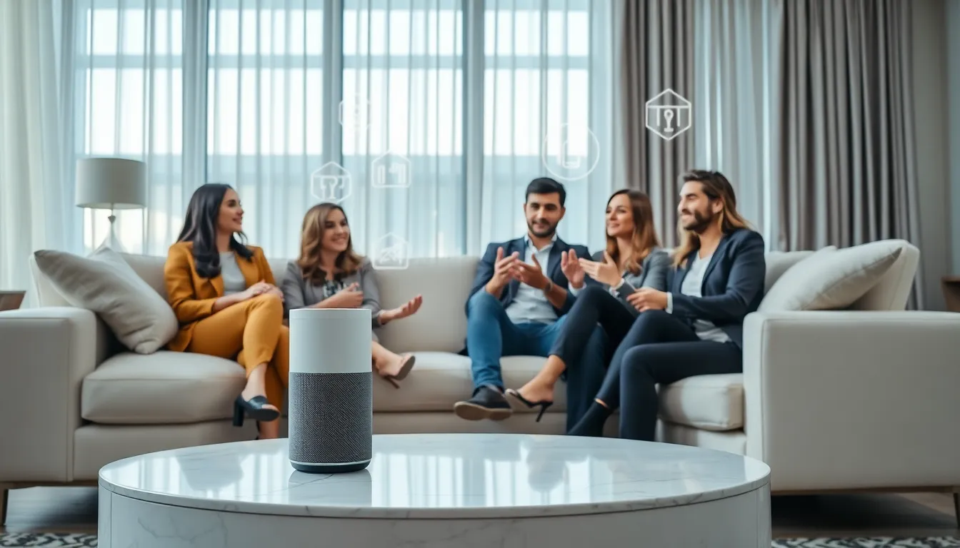 A diverse group discussing an artificial intelligence speaker in a modern living room.