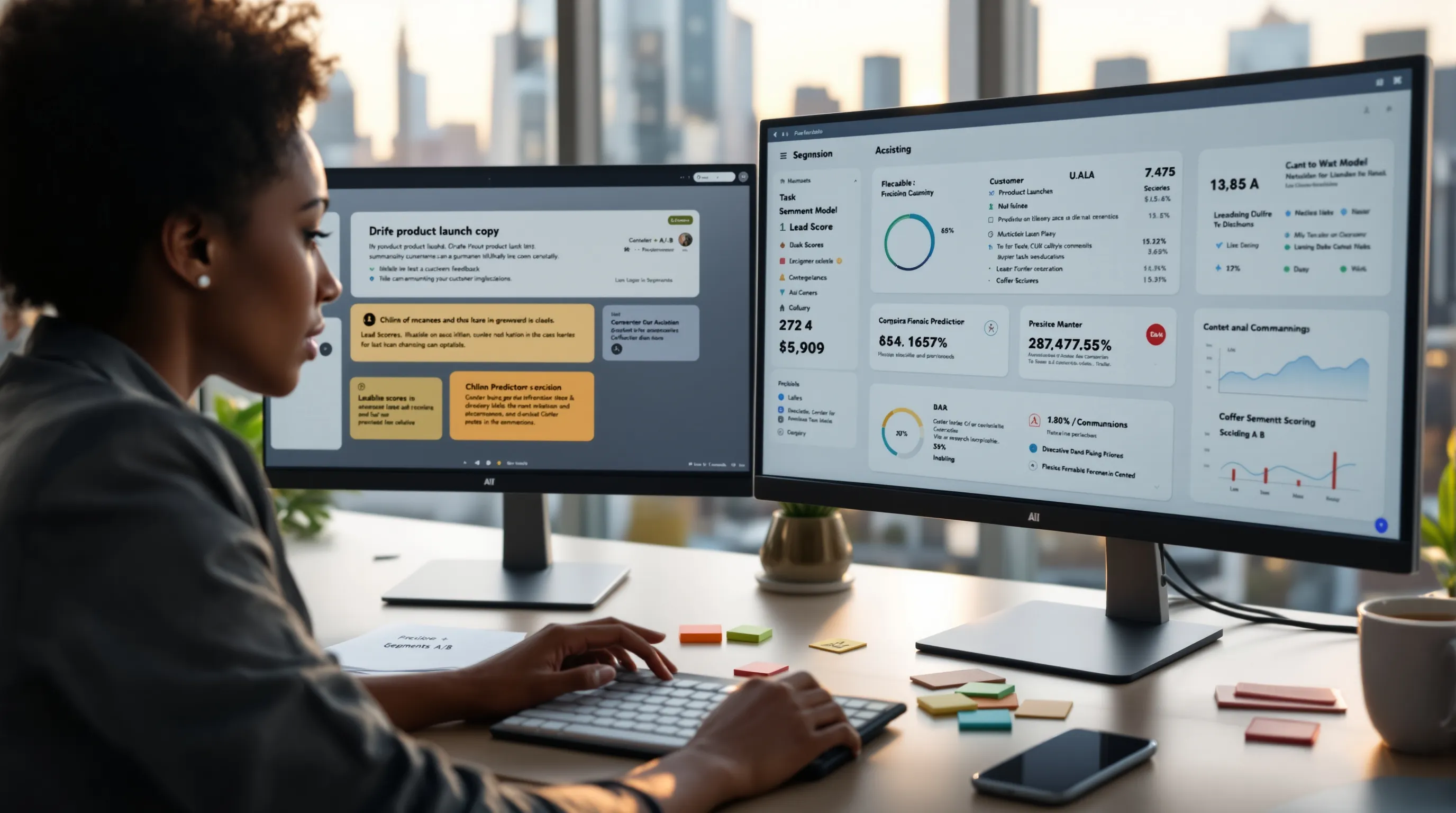 Marketer compares foundation and task-specific AI outputs on dual monitors.