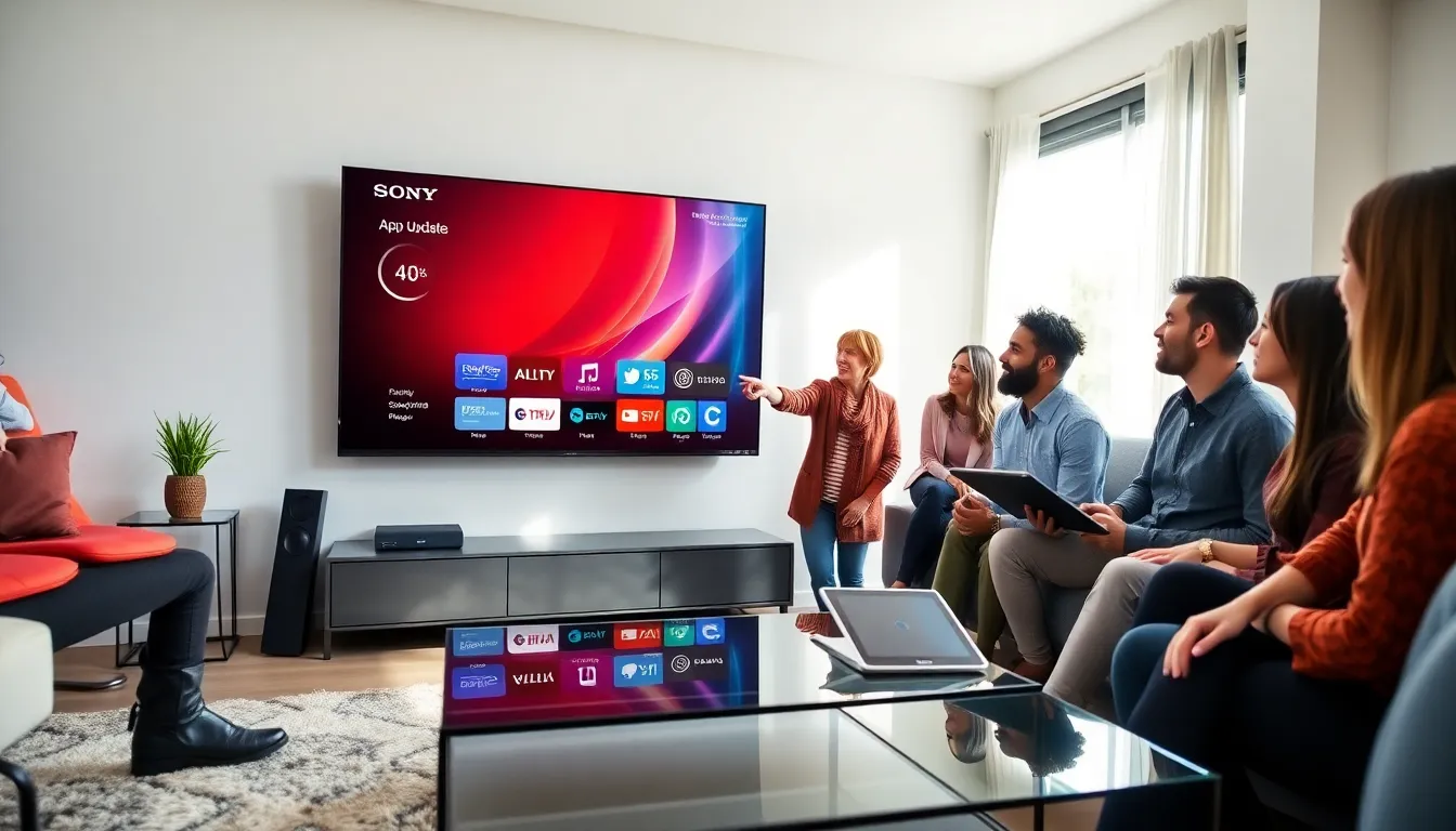 diverse group discussing features on a Sony Bravia TV in a modern living room.