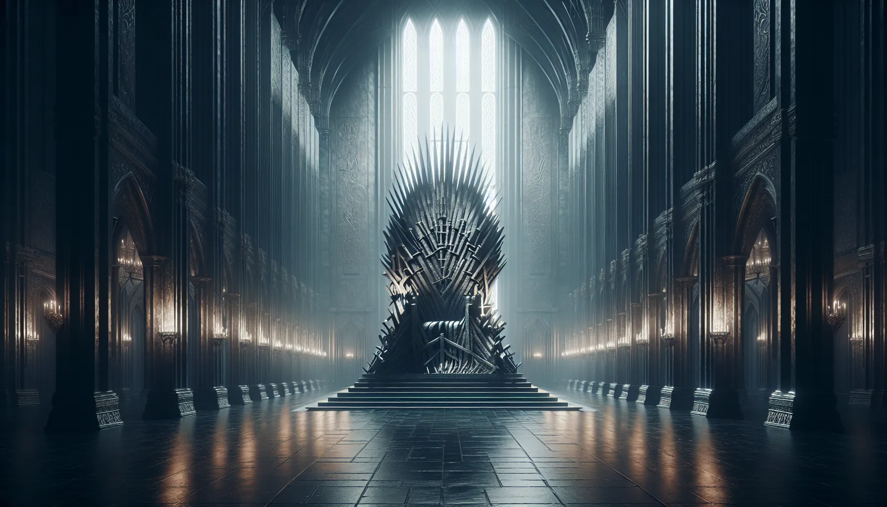 The Iron Throne in a dimly lit stone throne room.
