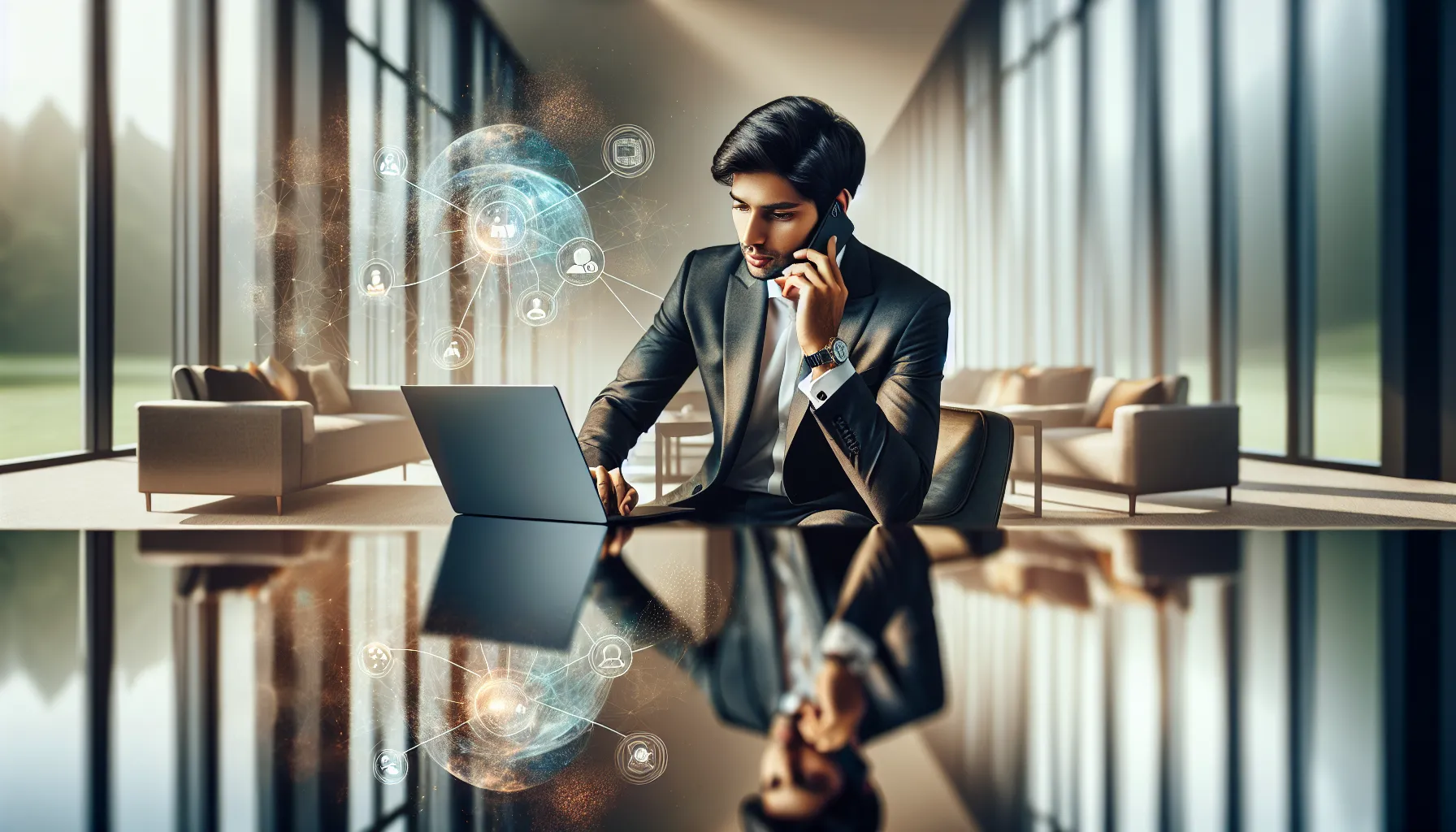 business professional on a phone call in a modern office.