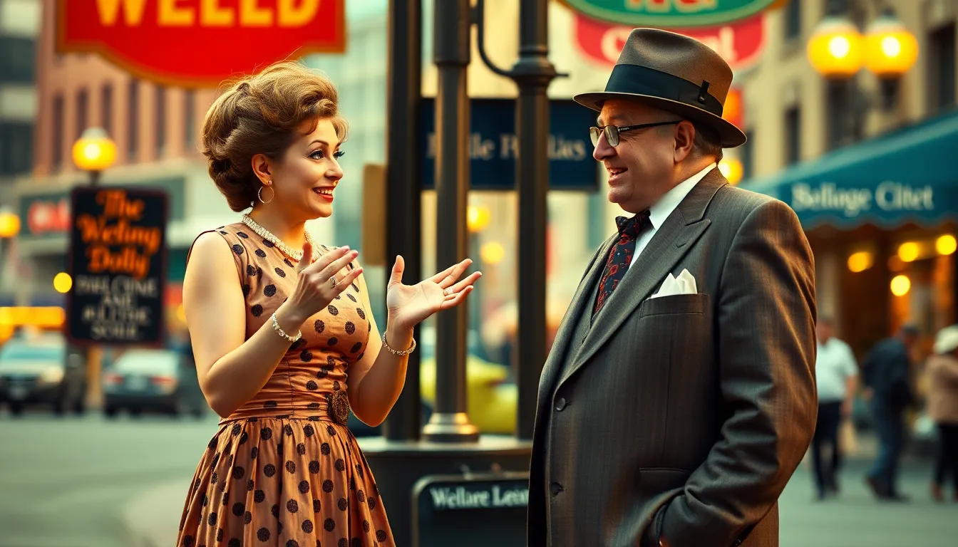 Barbra Streisand and Walter Matthau as Dolly and Horace in a vintage city scene.