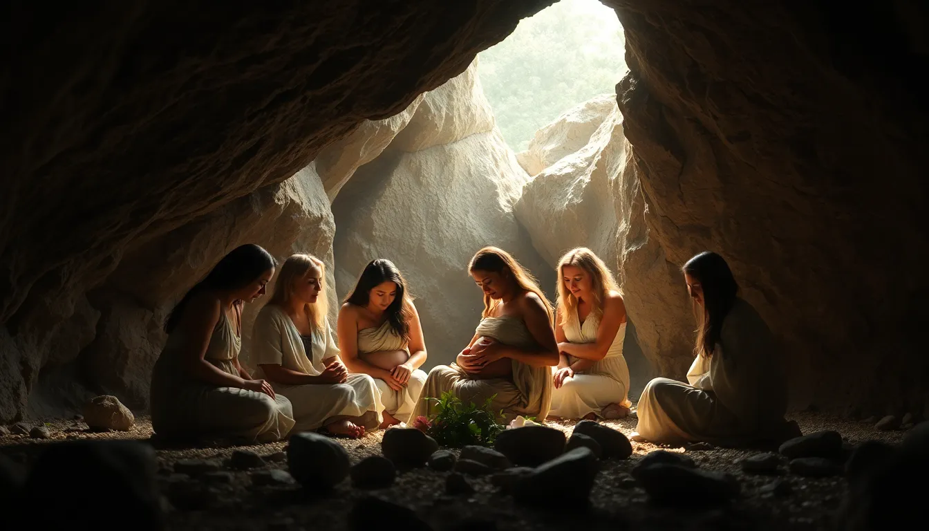 women supporting a pregnant woman in a warm, dark birthing cave.
