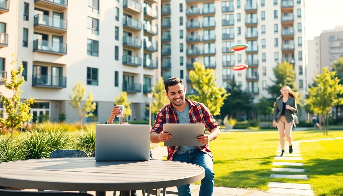 young adults enjoying community life in an affordable housing complex.