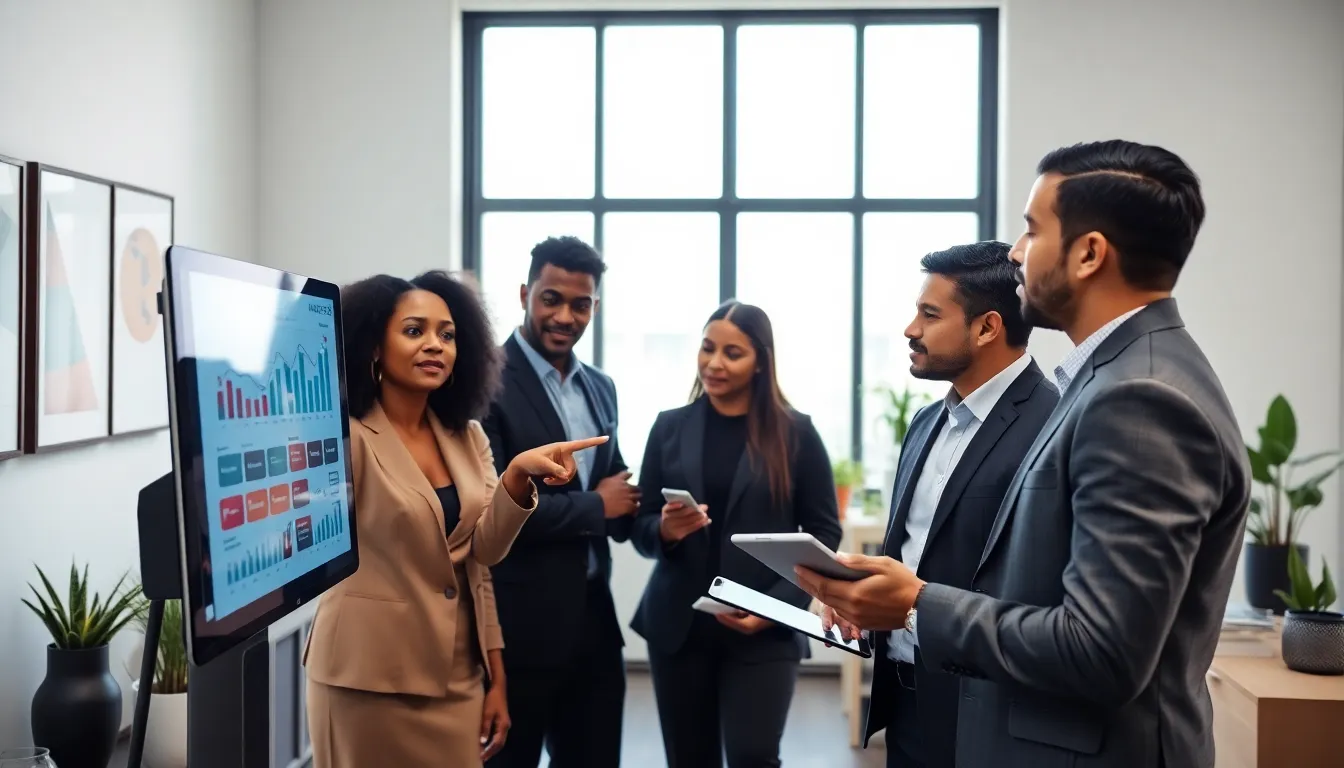 diverse team discussing AI technology in a modern office setting.