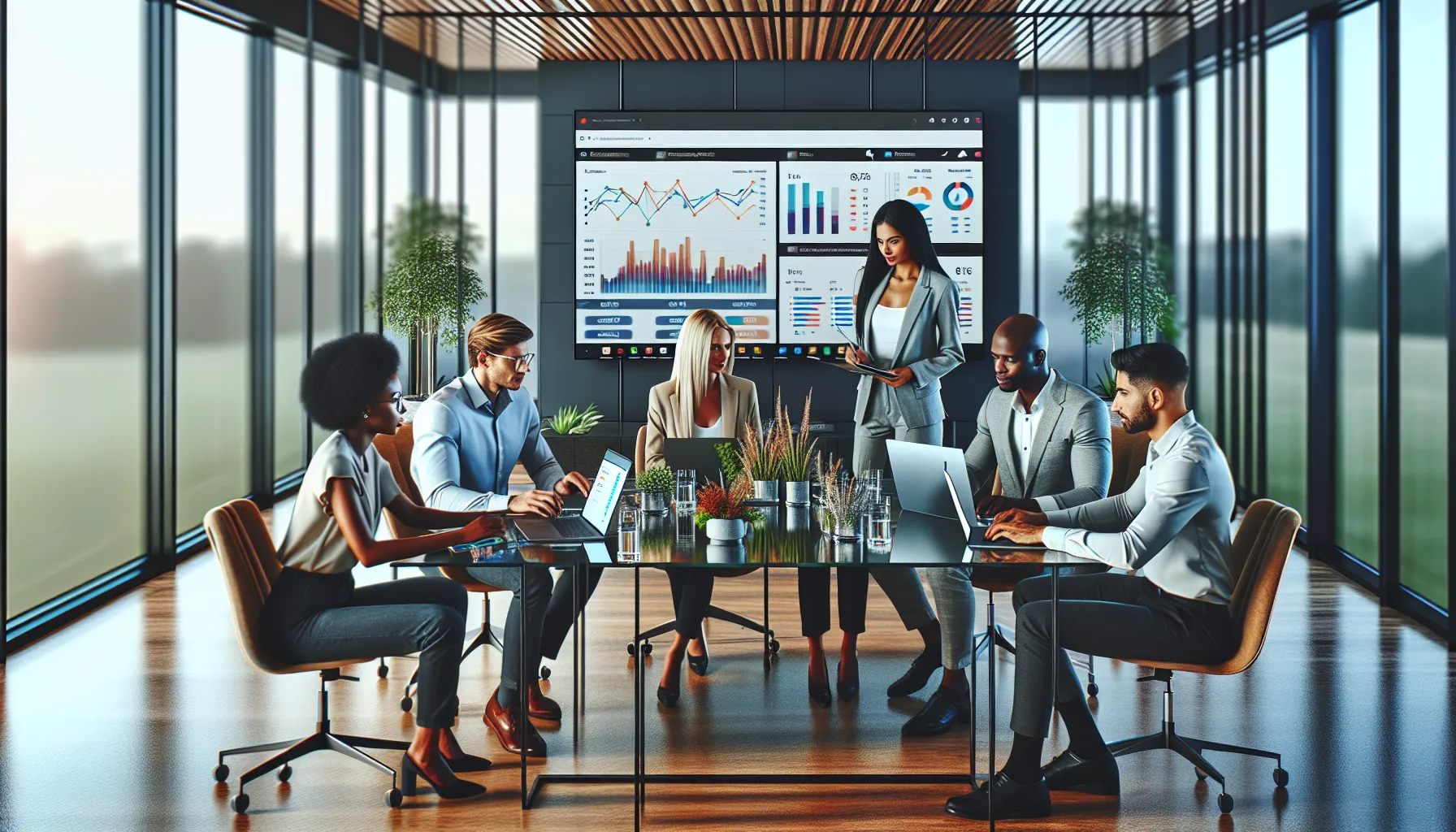 diverse team collaborating in a modern office on digital marketing strategies.