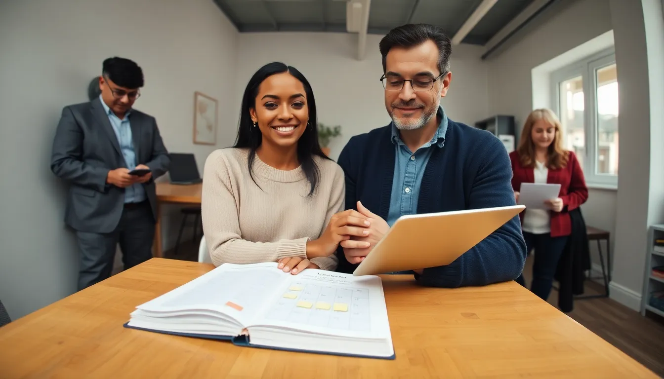 Three partnered groups—romantic, business, and community—collaborating in a sunlit co-working space.