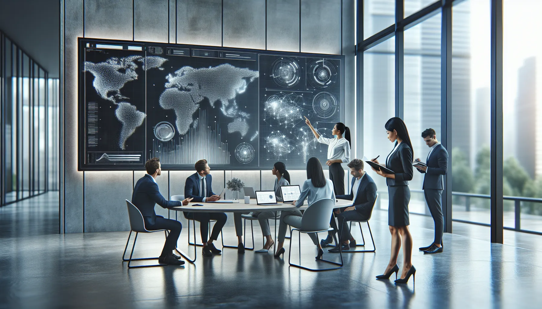 team discussing data visualization in a modern office setting.