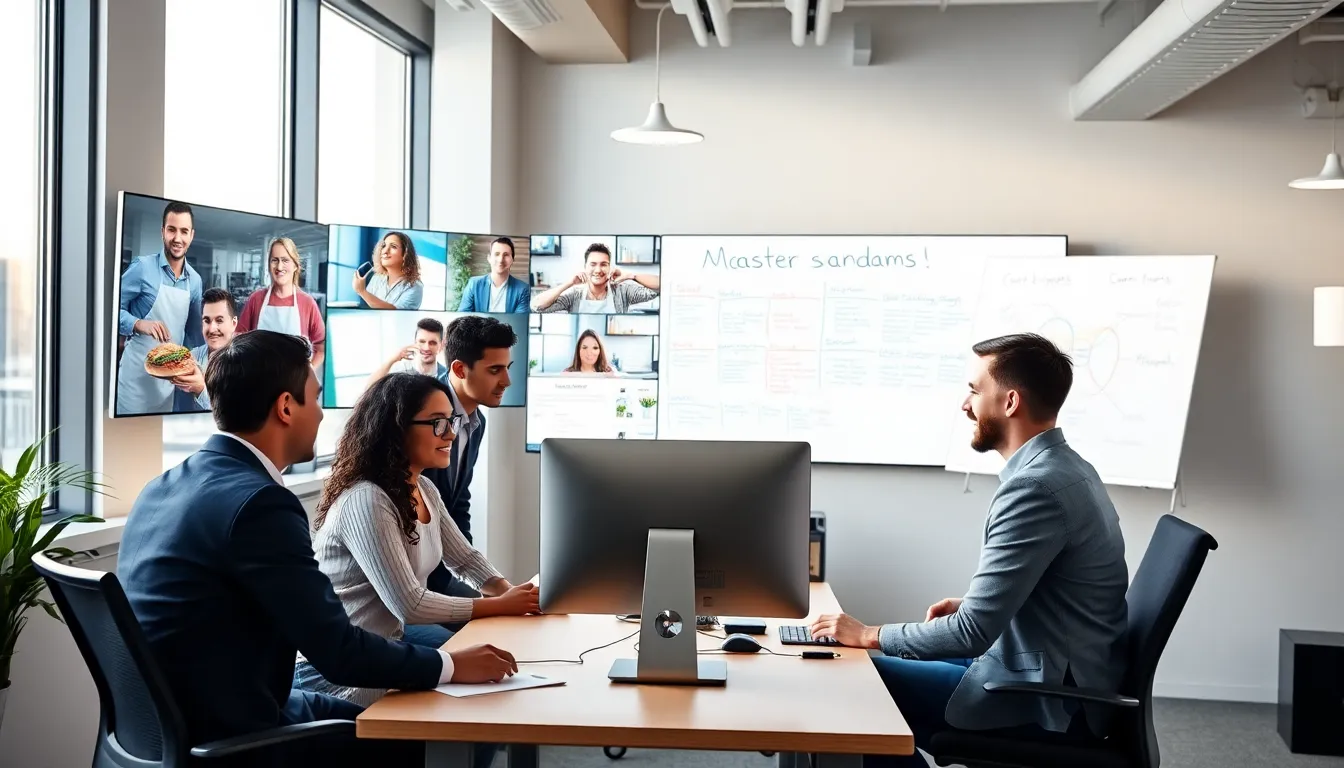 diverse professionals engaging in a virtual learning session in a modern workspace.
