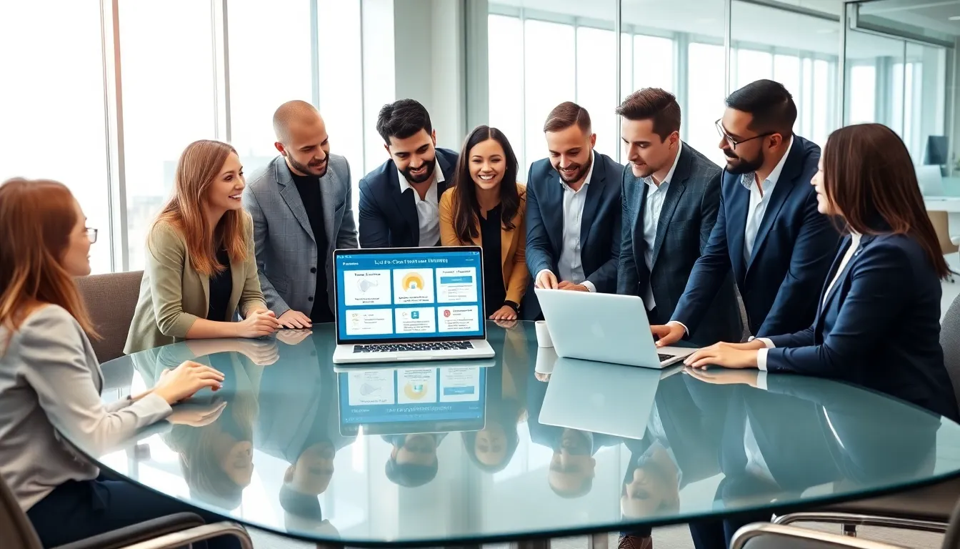 diverse team collaborating over a low-code automation platform in an office.