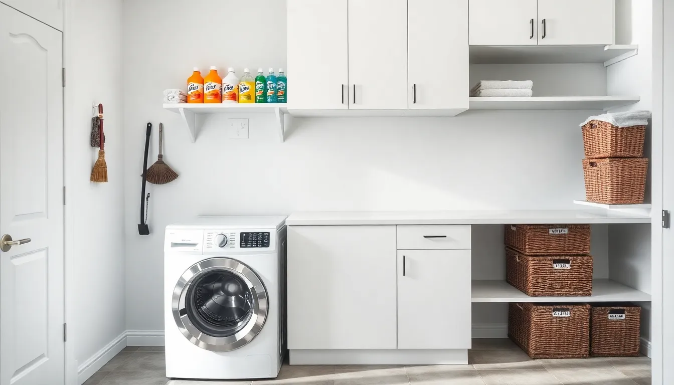modern laundry room with organized shelves and storage baskets.