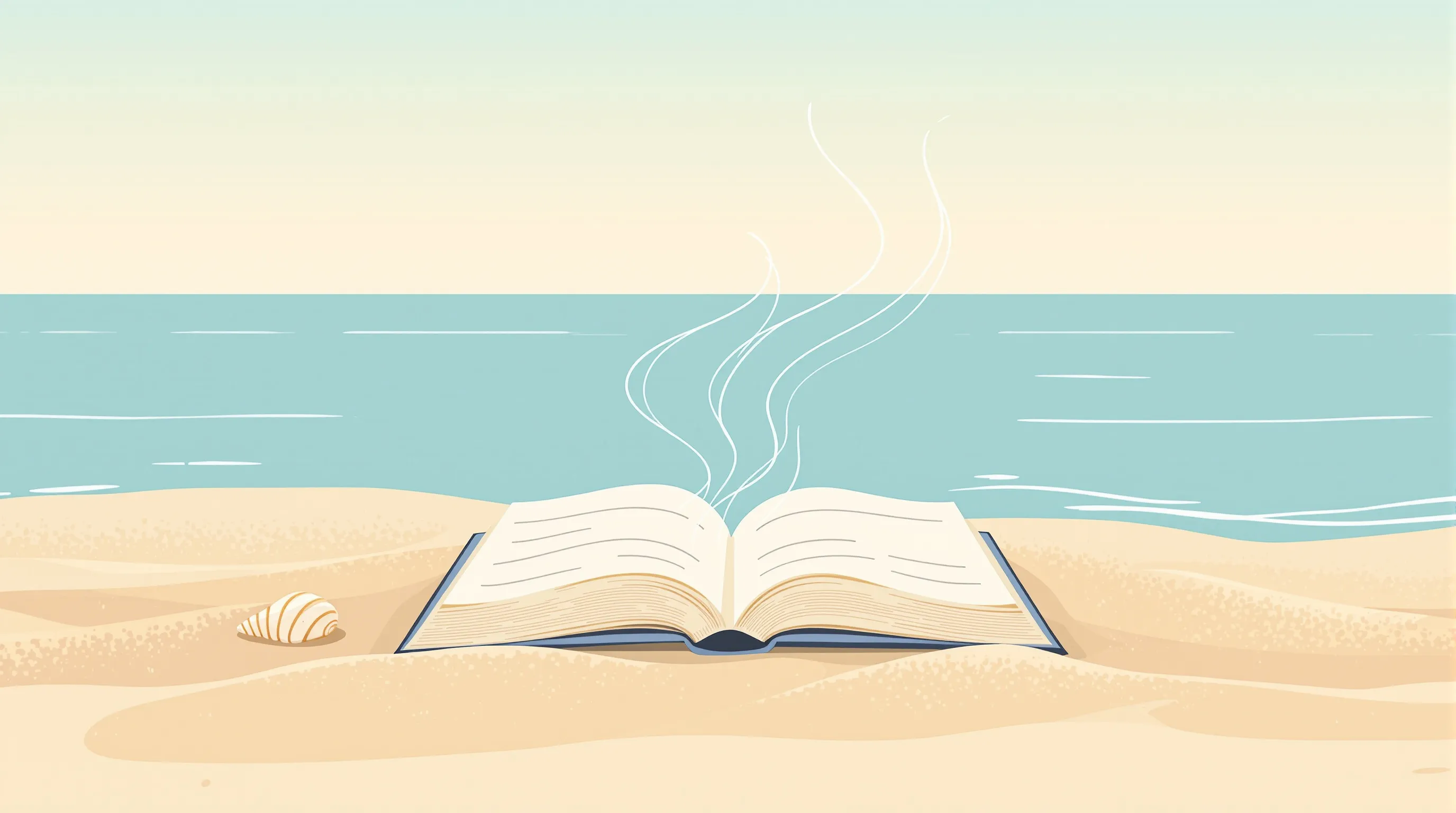An open book on sand with abstract waves, symbolizing sea quotes and memories.