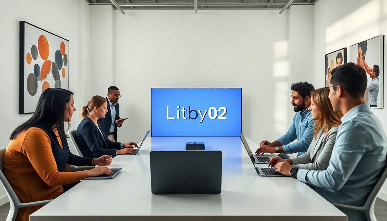 diverse professionals collaborating in a modern workspace, discussing Litbby02.