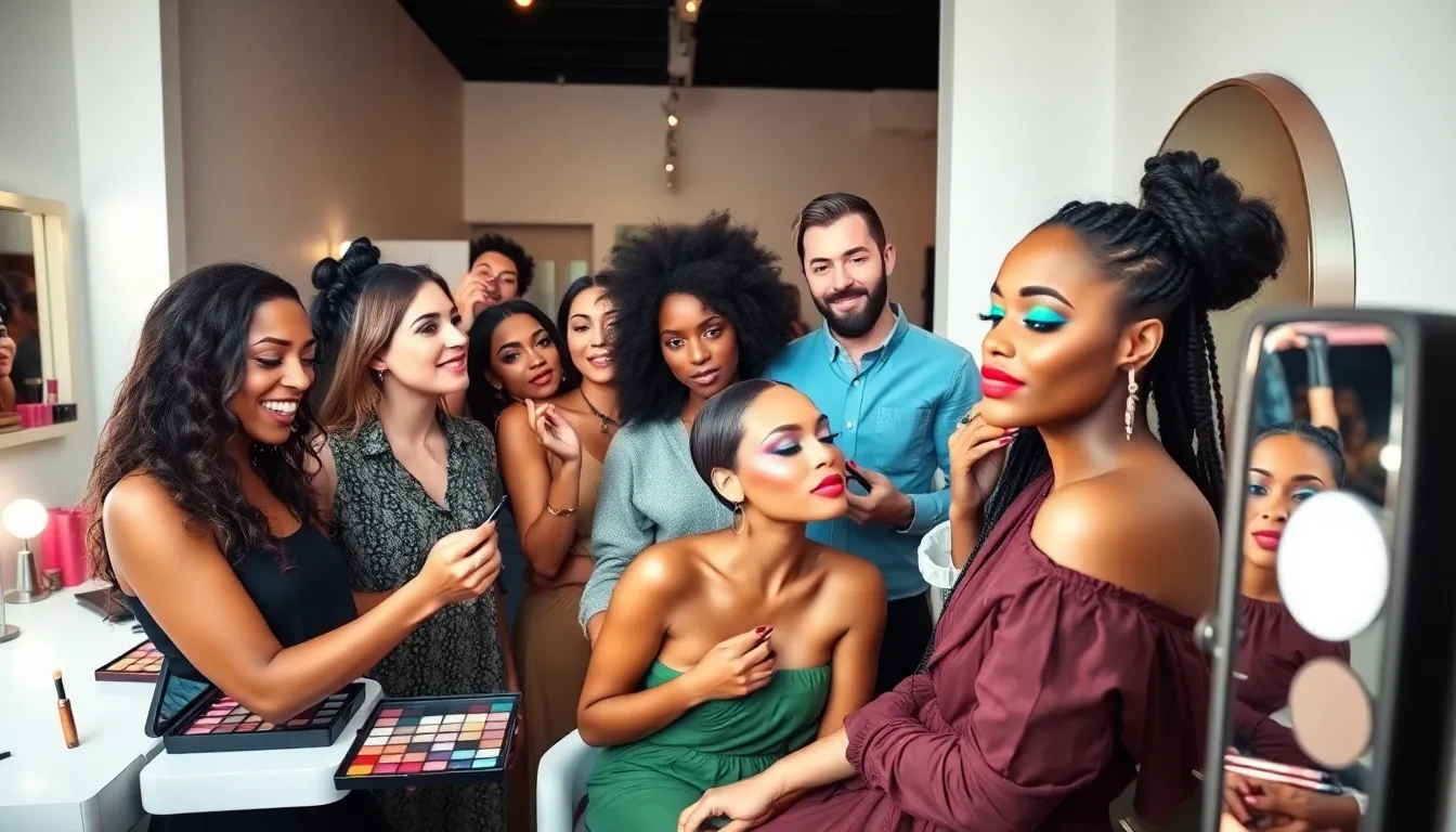makeup artists showcasing bold color trends in a modern studio.