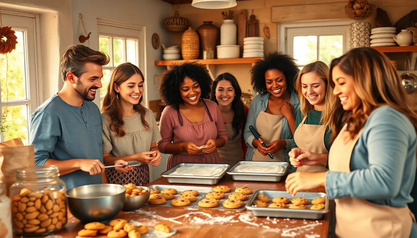 diverse group baking cookies in a cozy kitchen.