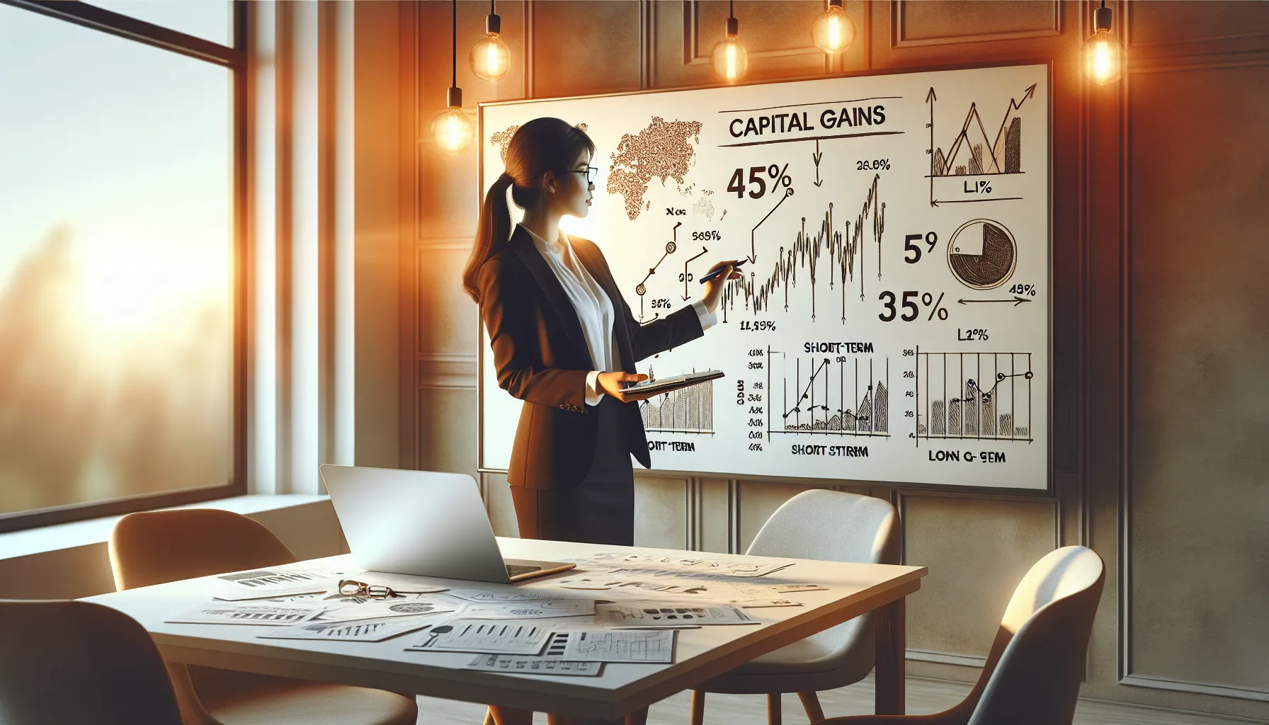 A professional explaining capital gains differences using a whiteboard in an office.