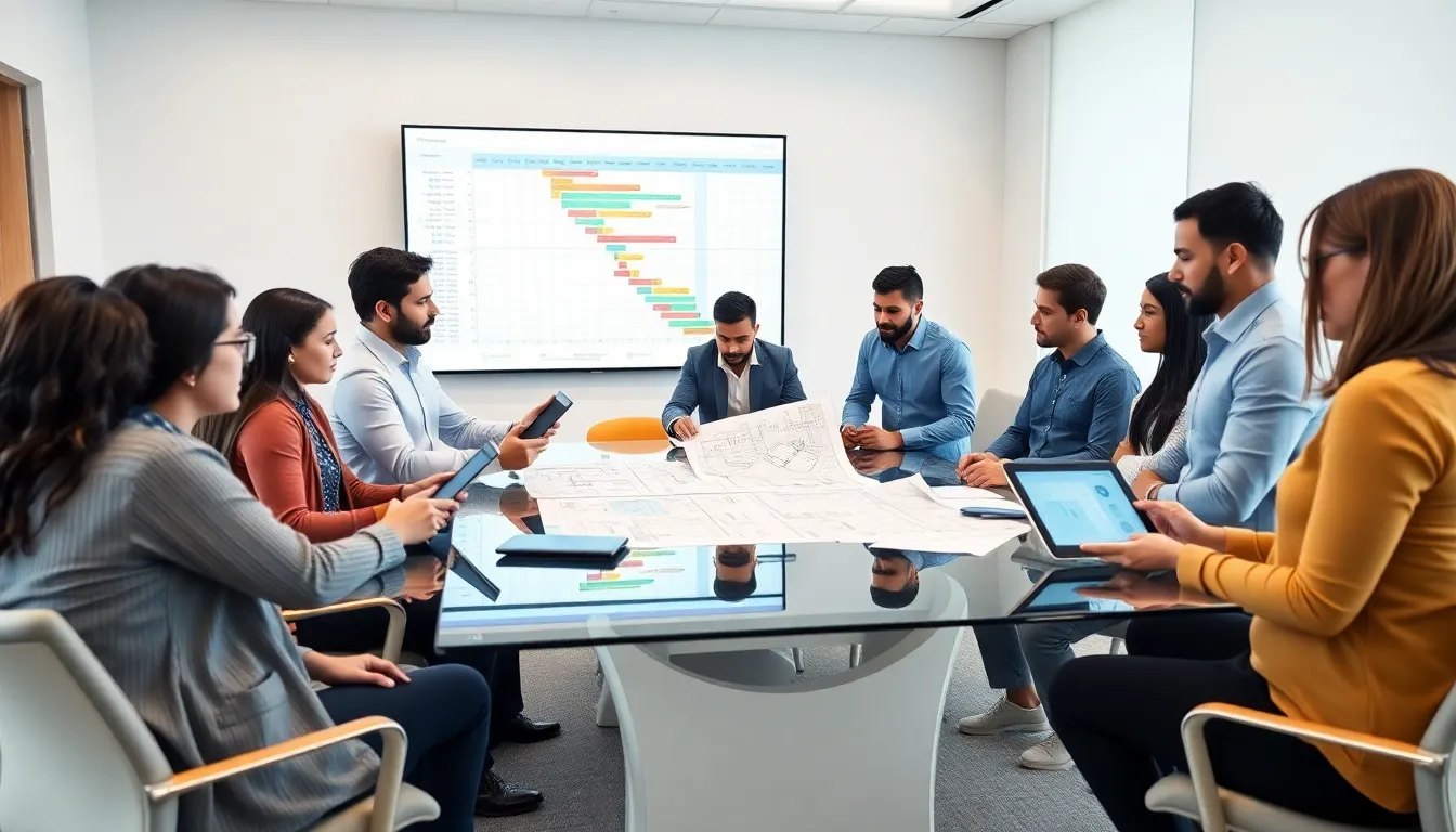 diverse construction project managers collaborating in a modern office.