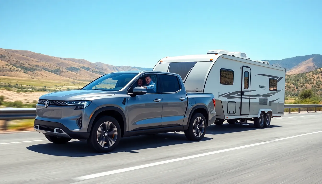 electric truck towing a camping trailer on a scenic highway.