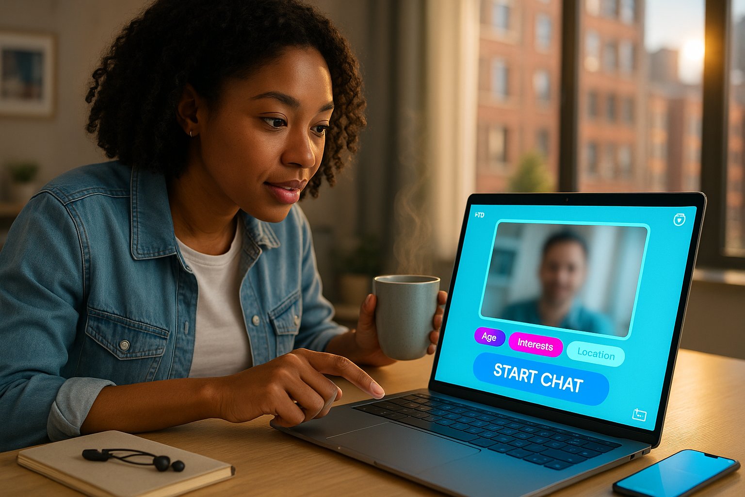 Young woman starting an instant video chat on a branded laptop screen.
