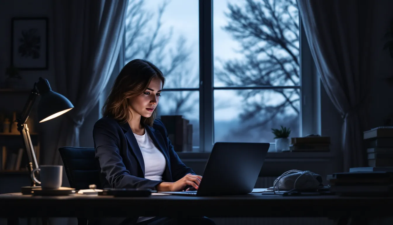 A pensive woman in a blazer staring at her laptop at a cluttered desk at dusk.