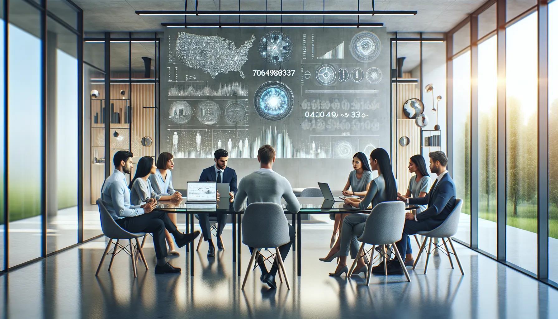 diverse team discussing patterns related to a specific number in a modern office.