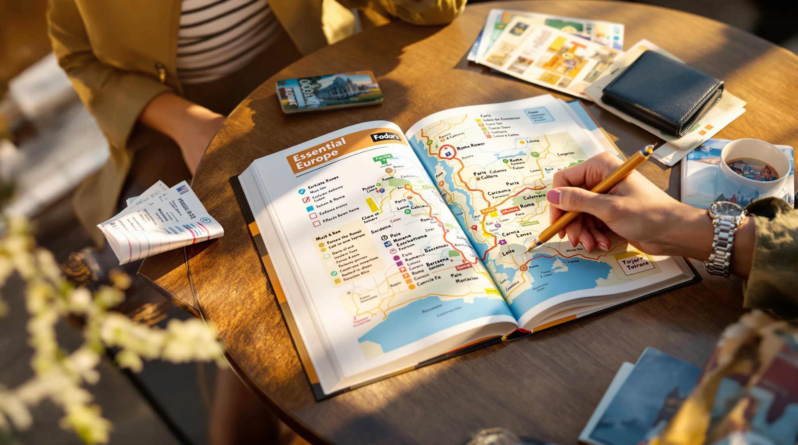 Traveler tracing Fodor’s Europe itinerary in guidebook at a sunlit café.