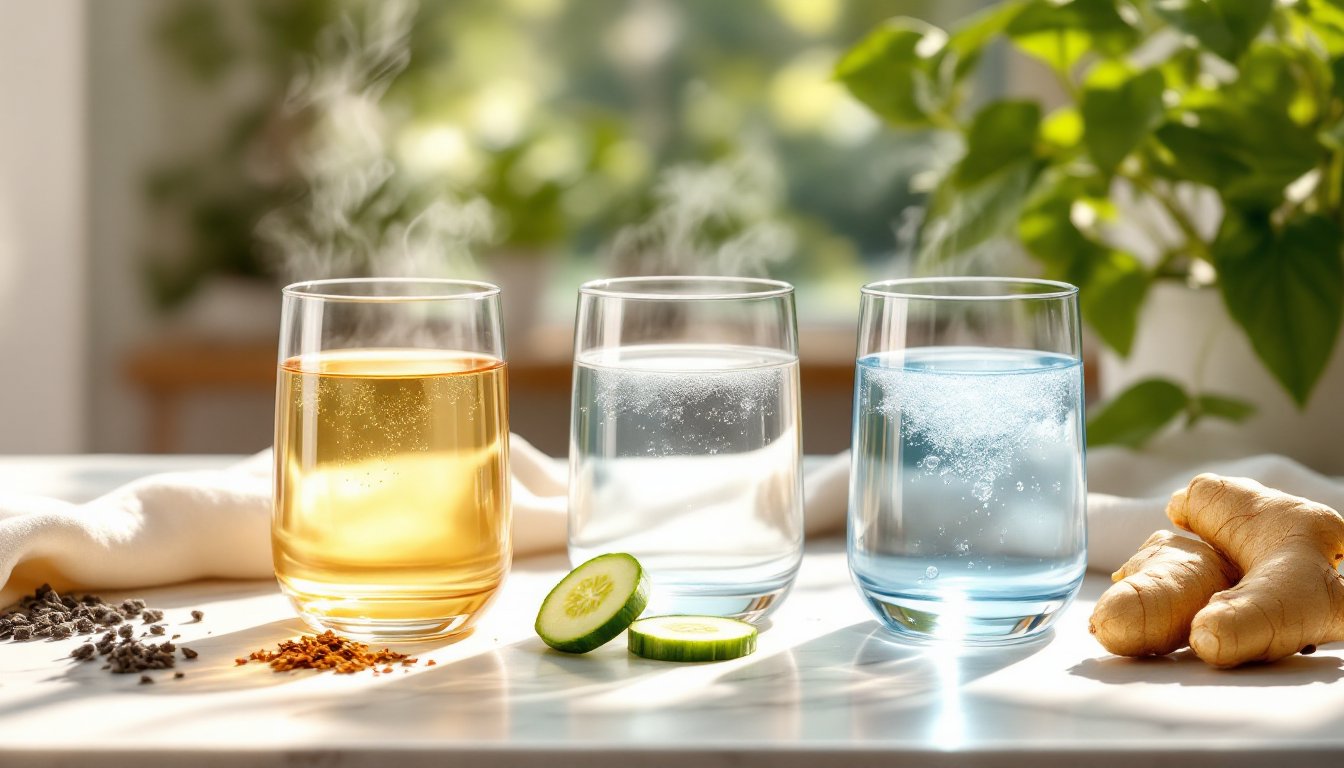 Three glasses of water at different temperatures on a sunlit kitchen countertop.