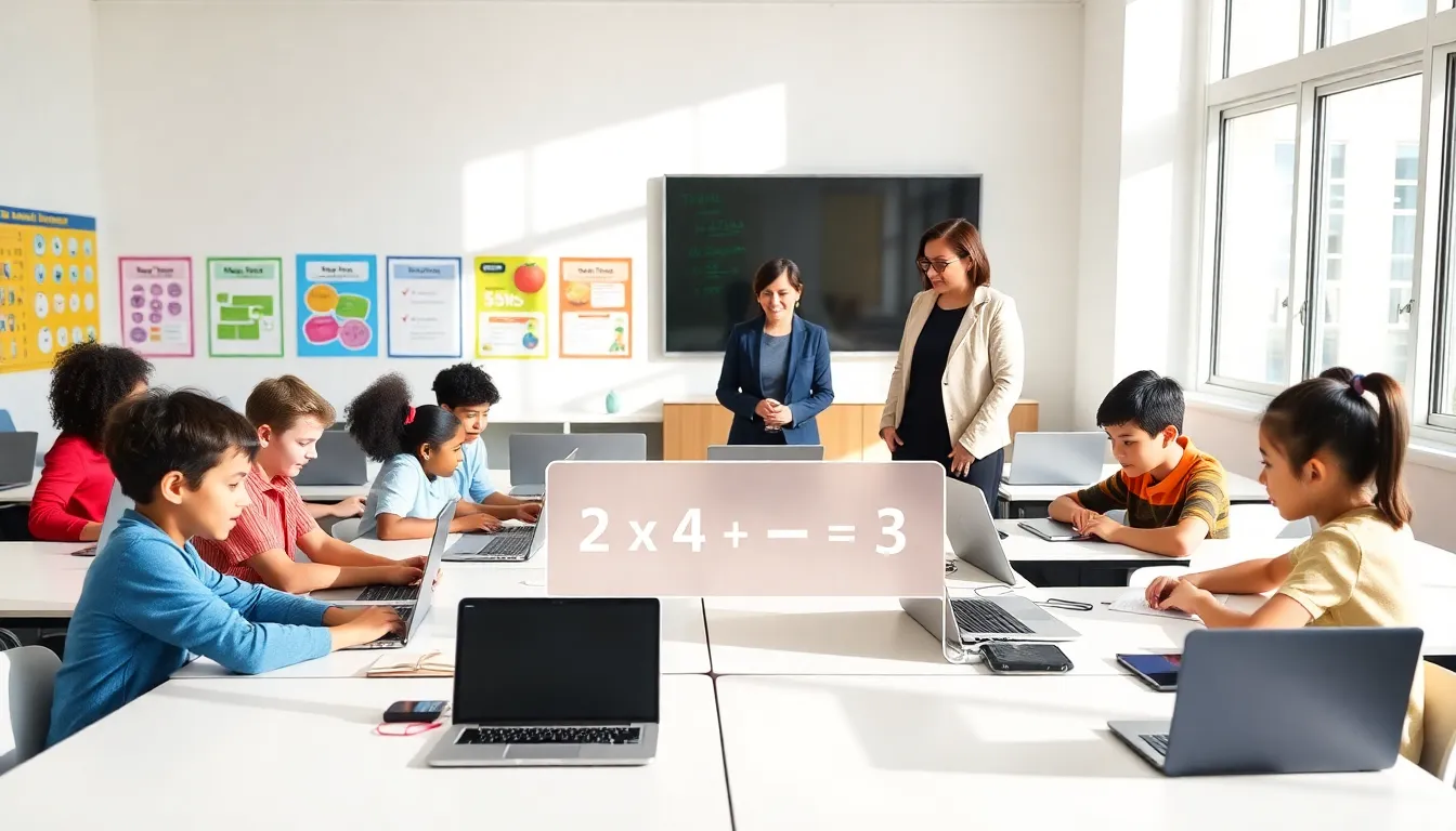 students collaborating on multiplication concepts in a modern classroom.