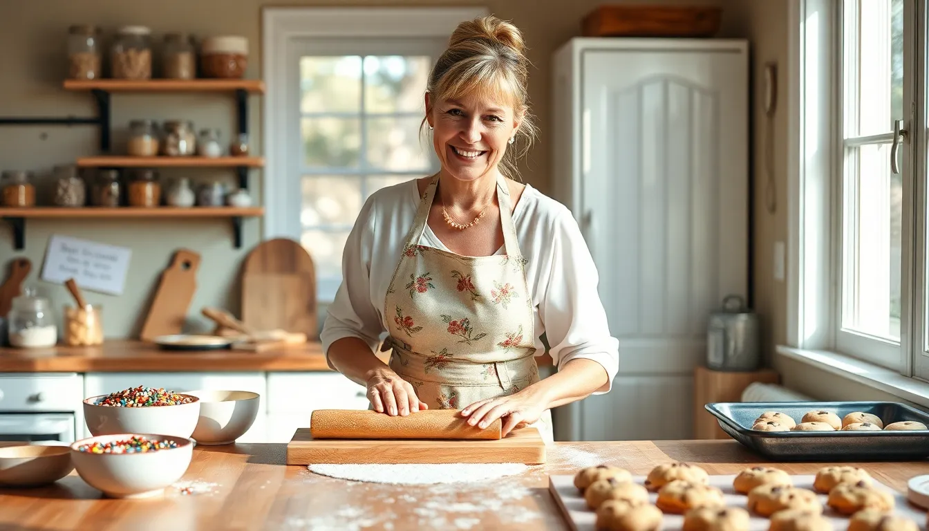 Mary baking cookies in a cozy, sunlit kitchen.
