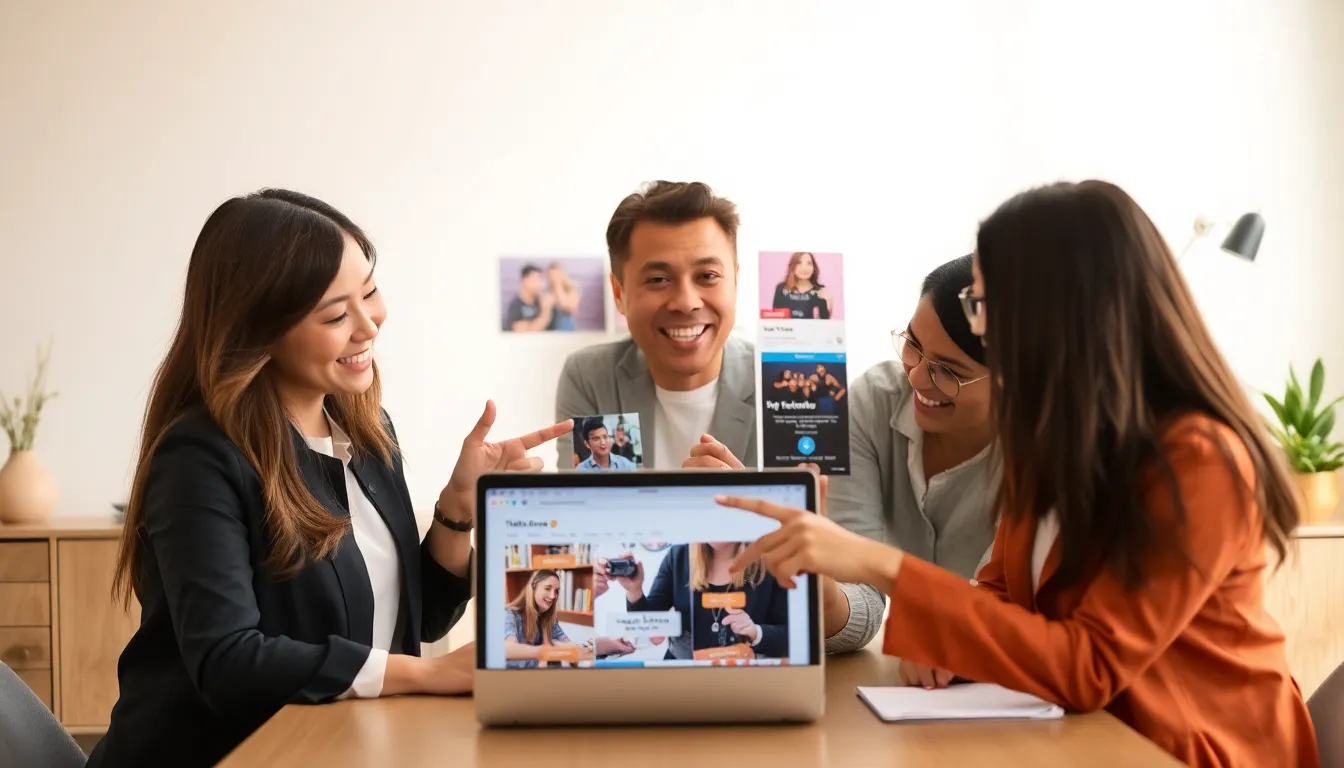 Diverse team exploring ThriftyEvents.net on a laptop in a modern office.