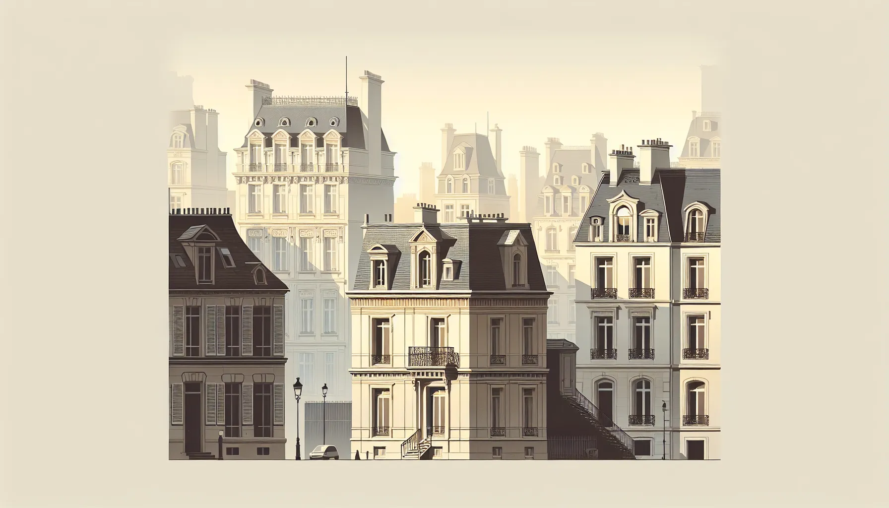 Simple illustration of contrasting Paris buildings from 1819 showing modest boarding house and elegant mansions.