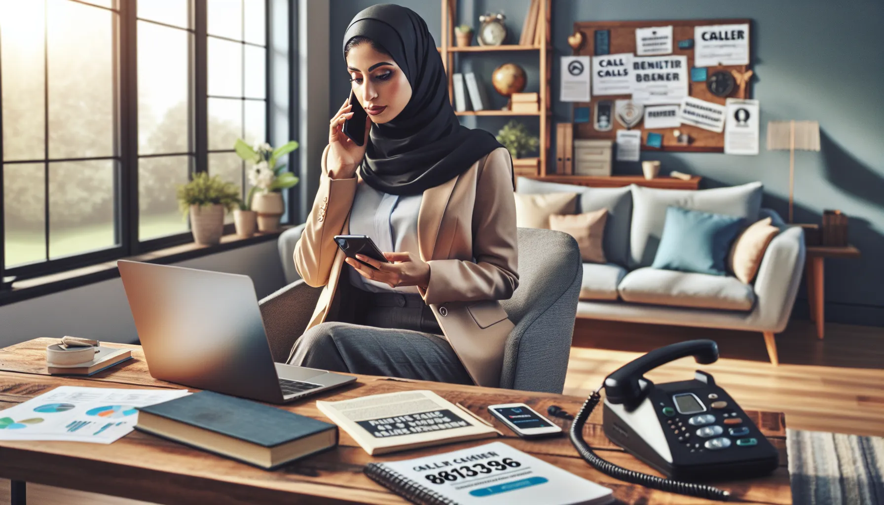 Individual examining a suspicious call in a modern home office.