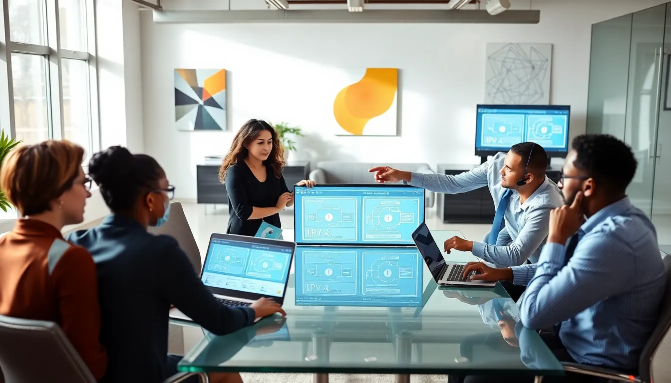 diverse IT professionals discussing IP addresses in a modern office