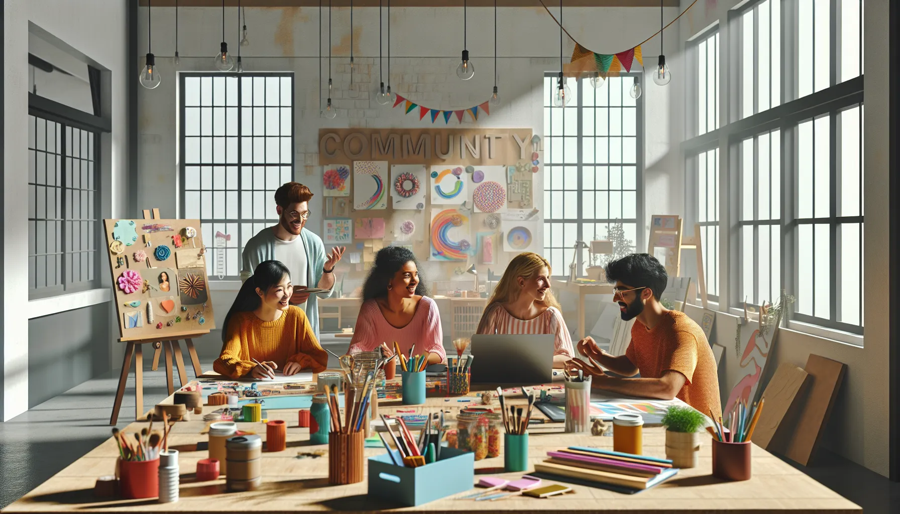Diverse group collaborating in a modern workspace, fostering community engagement.